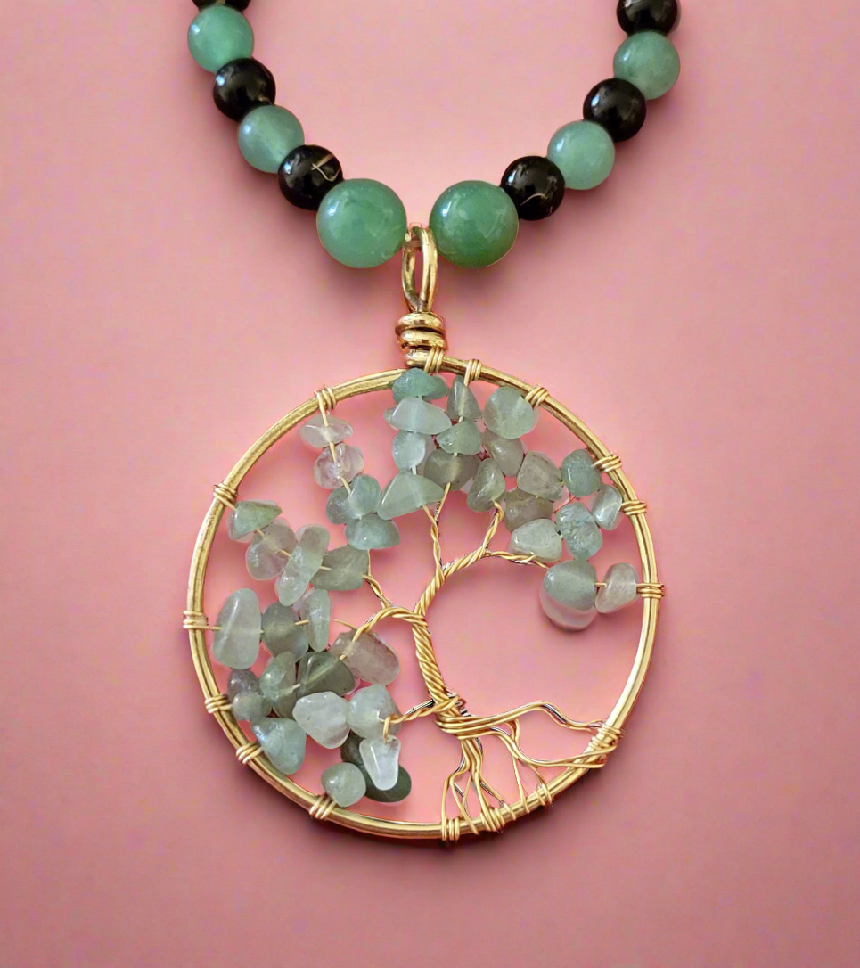 Tree of Life Amulet Pendant Beaded Necklace - Green Aventurine & Black Agate