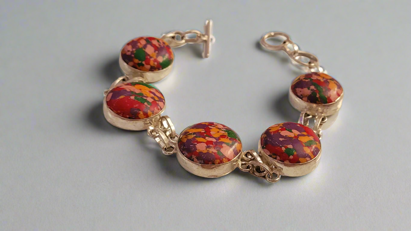 Rainbow Calsilica Round Sterling Silver Double Link Bracelet