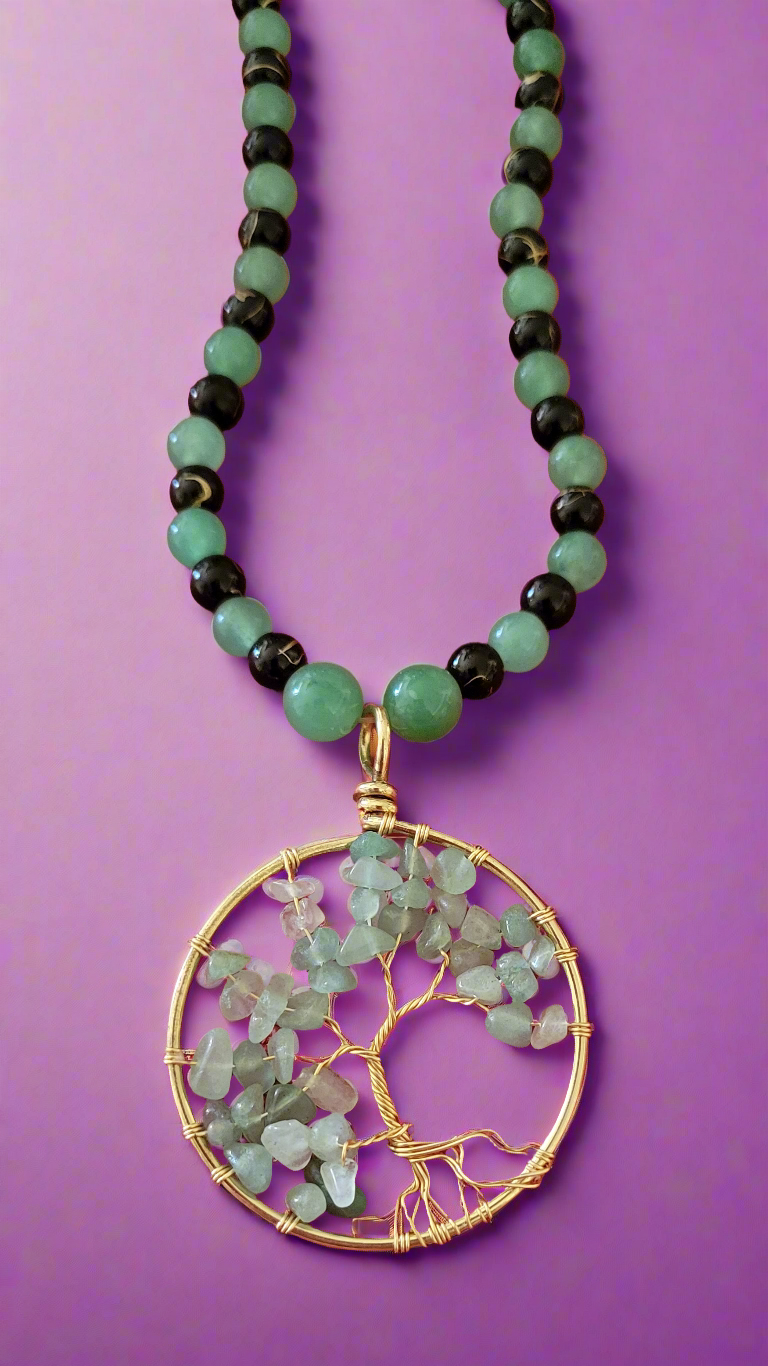 Tree of Life Amulet Pendant Beaded Necklace - Green Aventurine & Black Agate