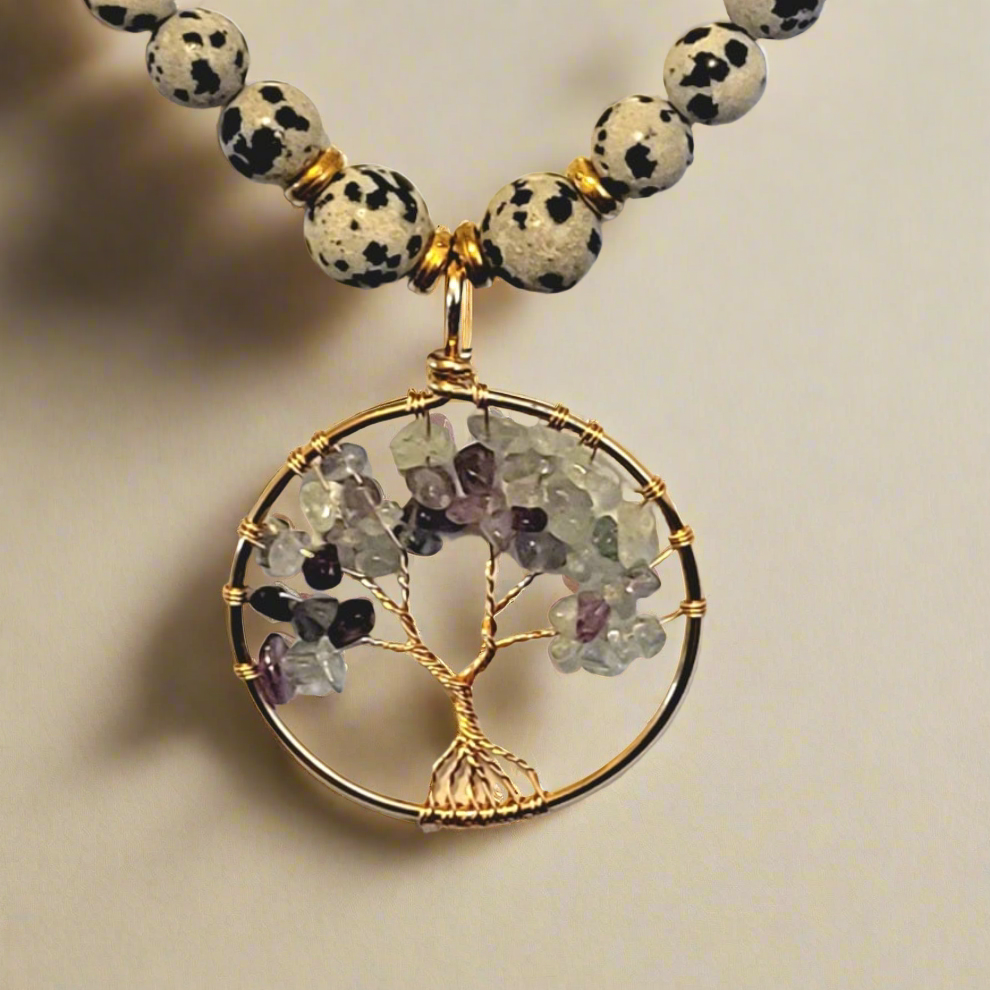 Flourite Chip Golden Tree of Life Amulet Pendant on Dalmatian Speckle Jasper Bead Necklace Handmade Jewelry USA Seller. Photos ©️ Malana Kline & Chaia Creates