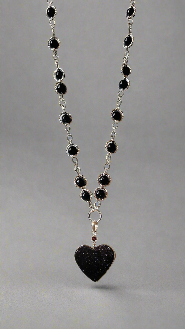 Sunstone in Iolite Heart & Garnet 925 Sterling Silver Pendant on Blue Sandstone Beaded Necklace