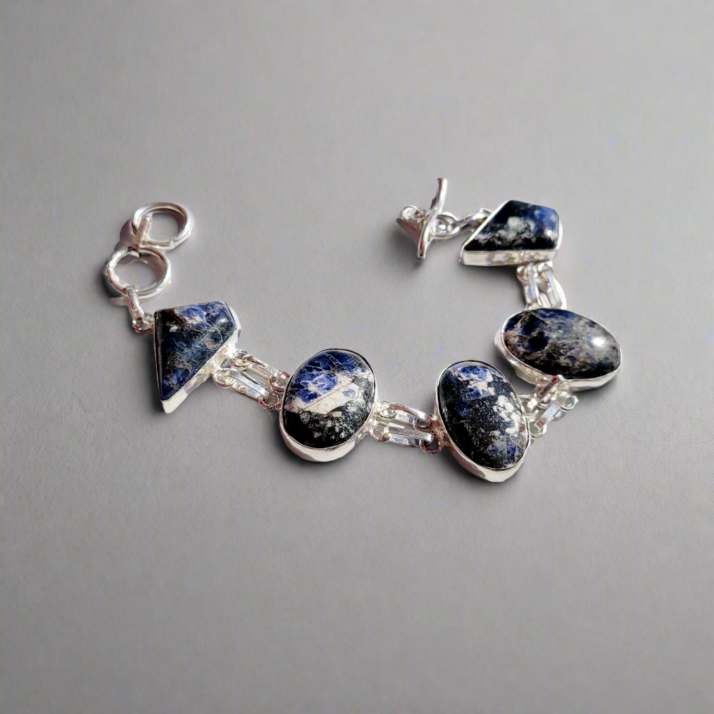 Sodalite Ovals Sterling Silver Double Link Statement Bracelet