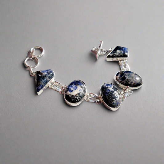 Sodalite Ovals Sterling Silver Double Link Statement Bracelet