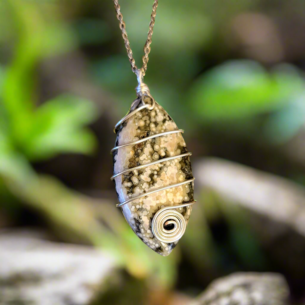 Geode Orbicular Jasper Wire Wrap Spirals Marquise Amulet Silver Necklace