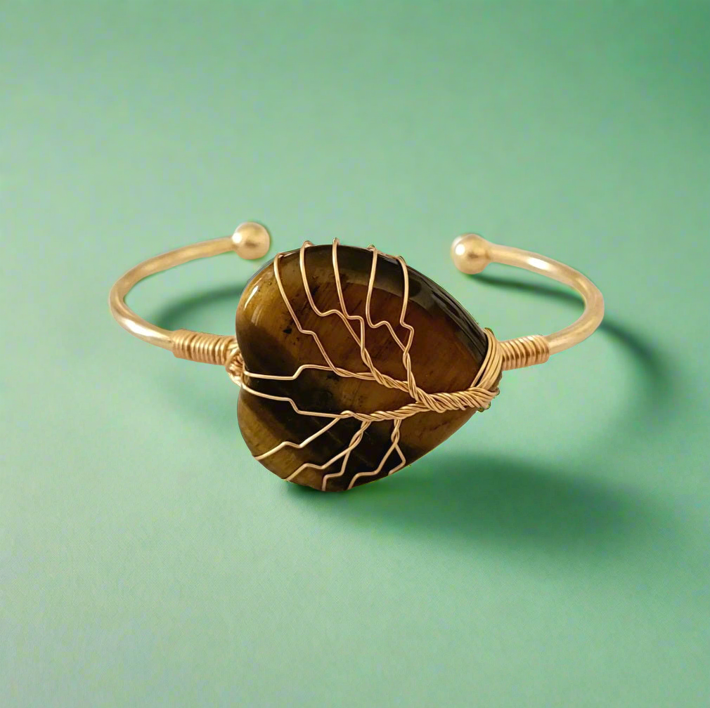 Tree of Life Wire Wrapped Tiger's Eye Heart Bangle Bracelet