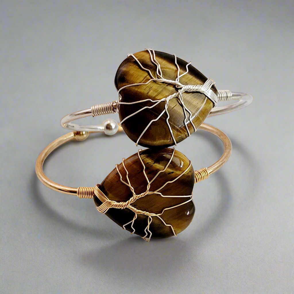 Tree of Life Wire Wrapped Tiger's Eye Heart Bangle Bracelet