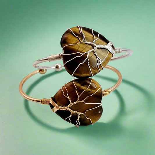 Tree of Life Wire Wrapped Tiger's Eye Heart Bangle Bracelet