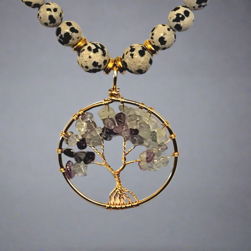 Flourite Chip Golden Tree of Life Amulet Pendant on Dalmatian Speckle Jasper Bead Necklace Handmade Jewelry USA Seller. Photos ©️ Malana Kline & Chaia Creates