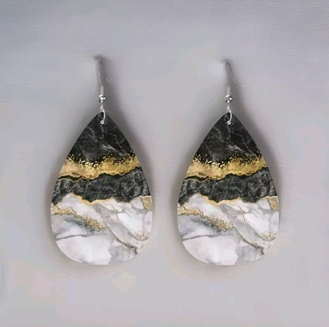 Marble Abstract Black White Gold Classy Leather Elegant Dangle Earrings