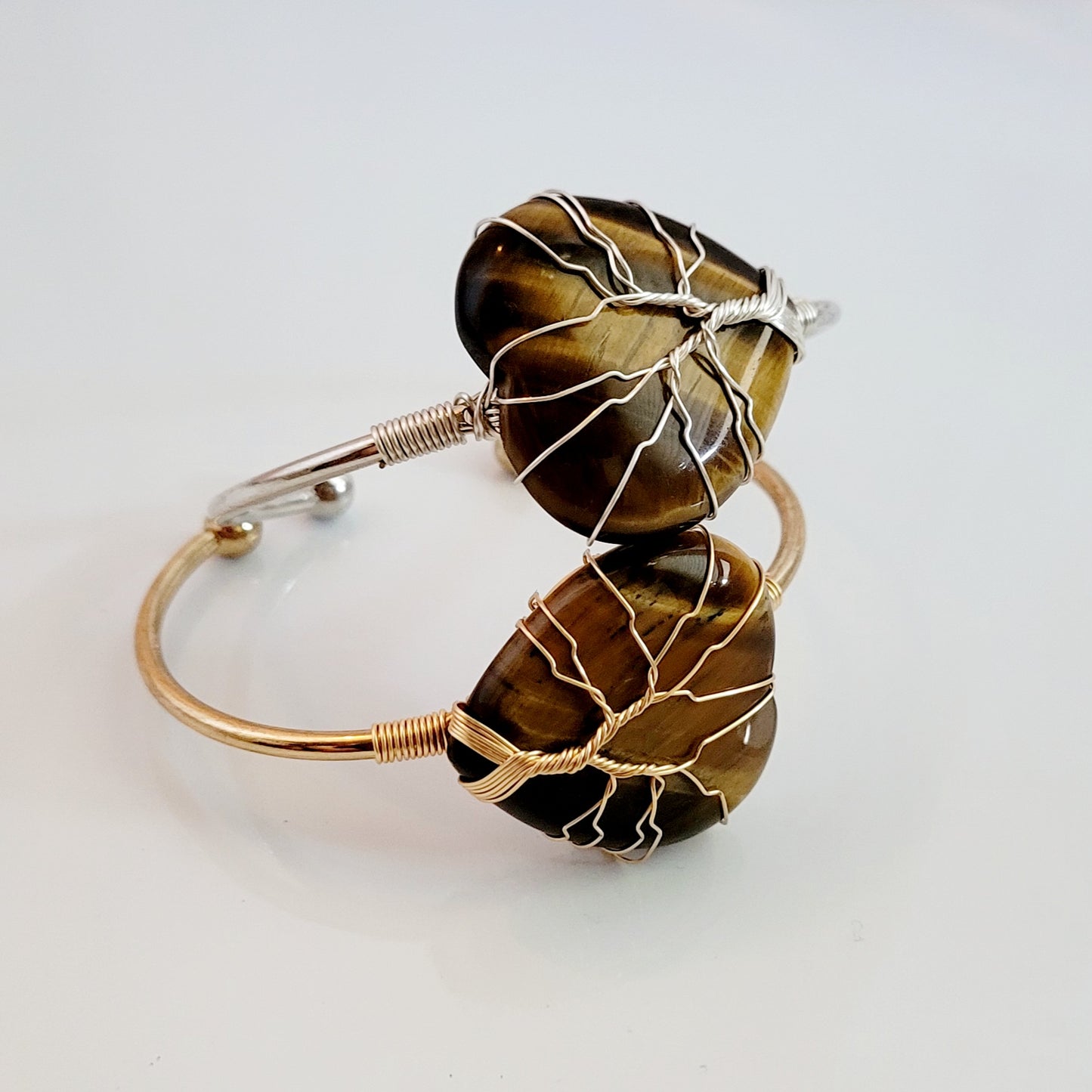 Tree of Life Wire Wrapped Tiger's Eye Heart Bangle Bracelet