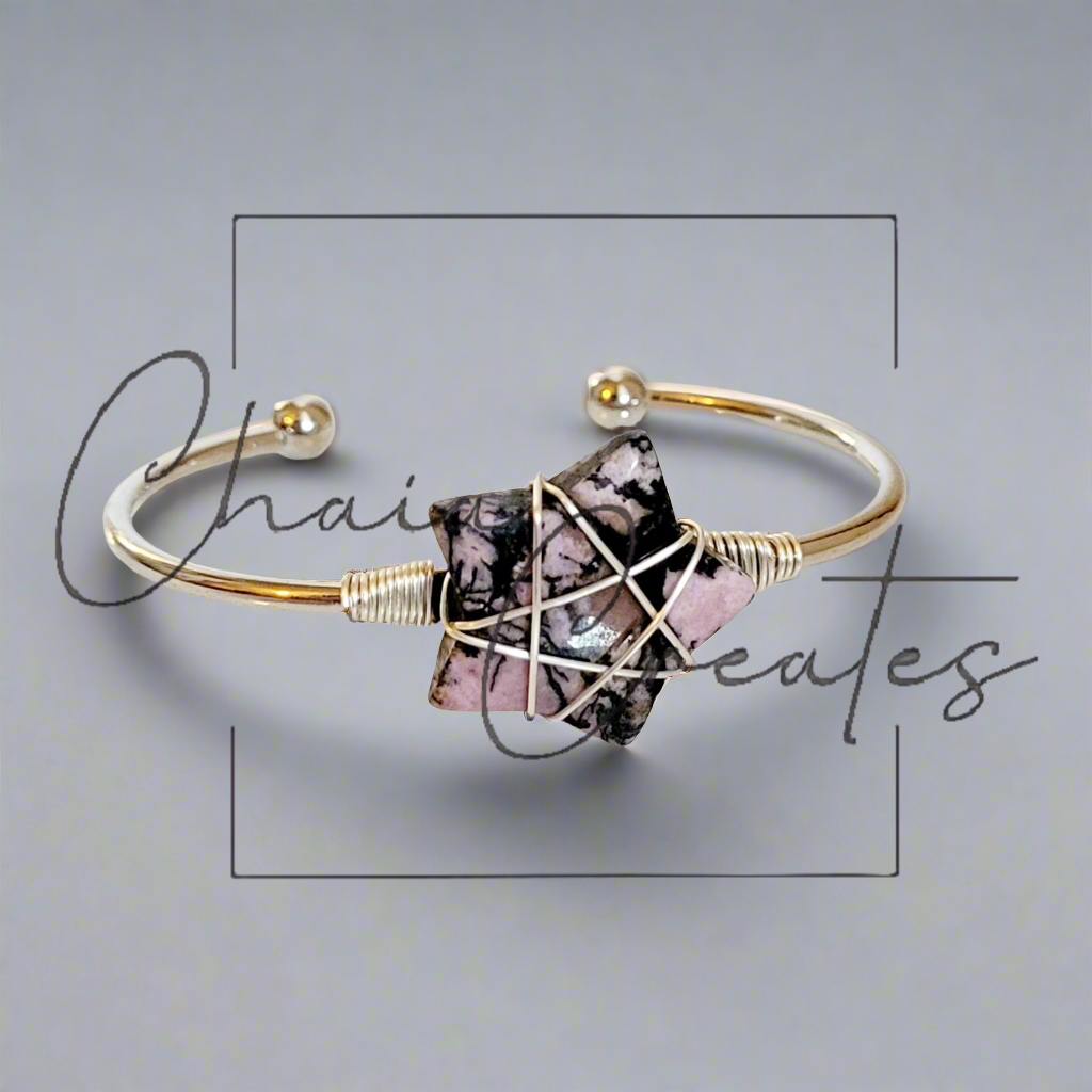 Wire Wrapped Rhodonite Stone Star Silver Bangle Bracelet