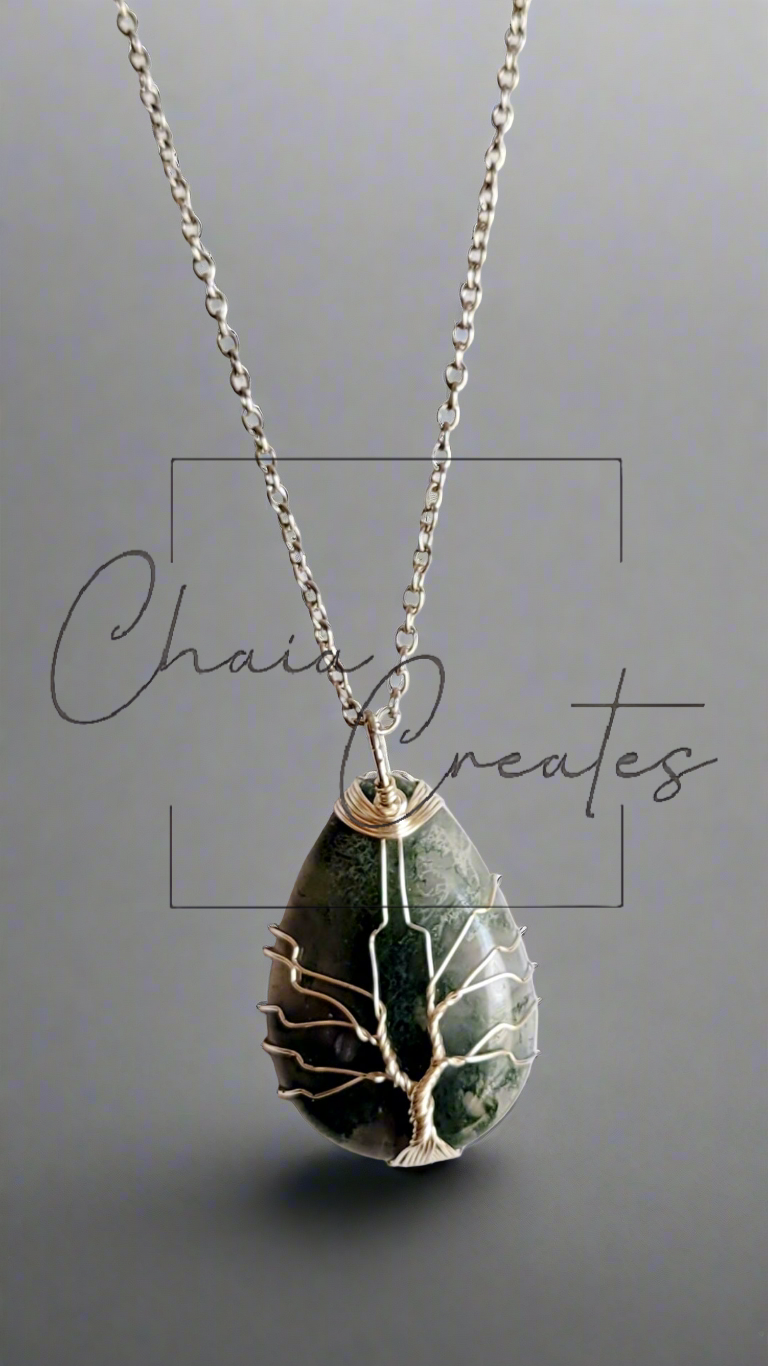 Moss Agate Teardrop Tree of Life Wire Wrap Necklace