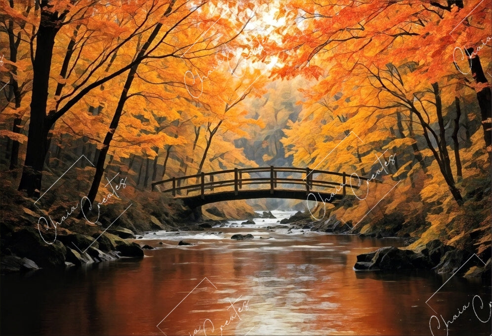 Autumn Bridge – Signed Original Artwork Embellished Print on Canvas, 8" x 8"