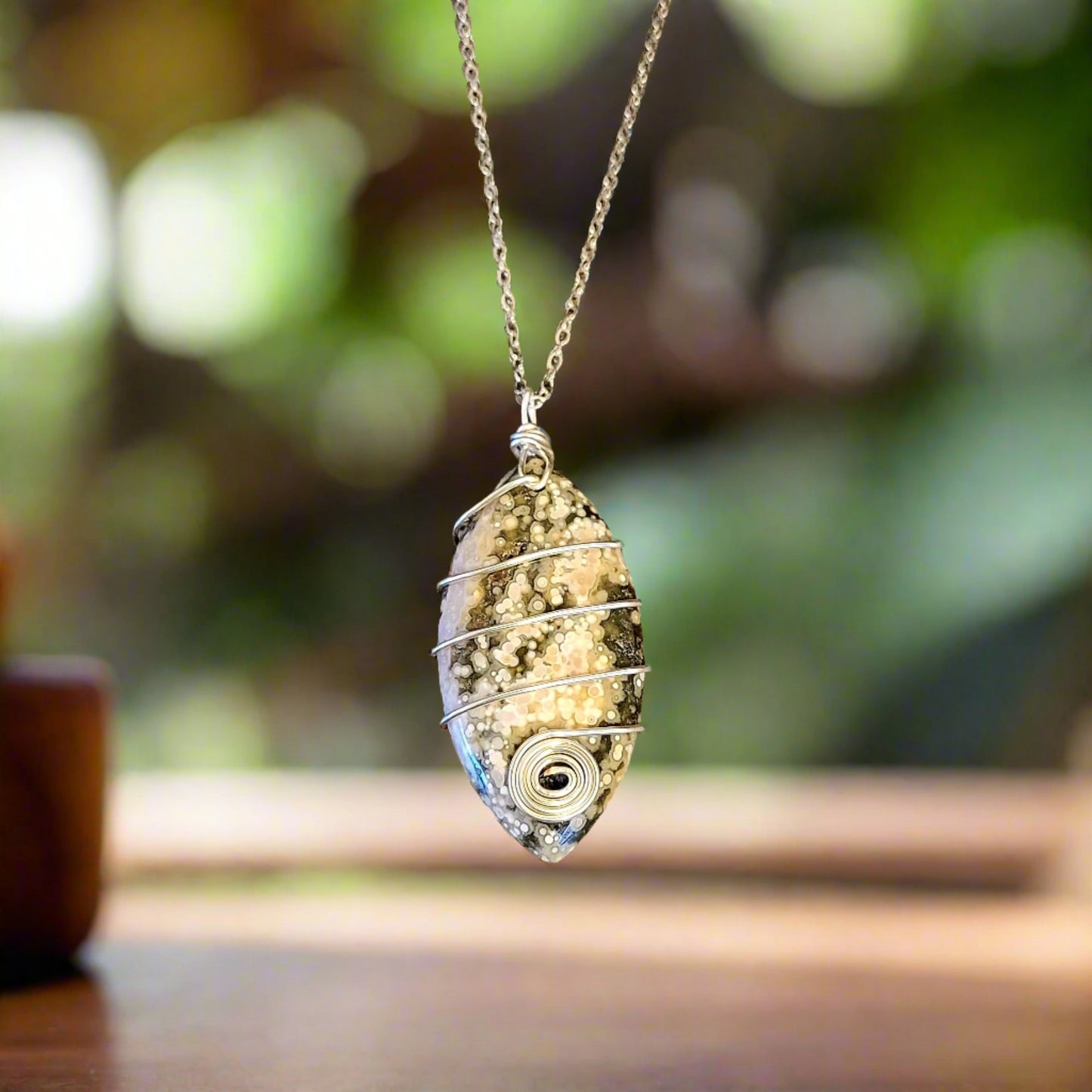 Green & White Ocean Geode Jasper Wire Wrapped Marquise Natural Stone Amulet Silver Necklace