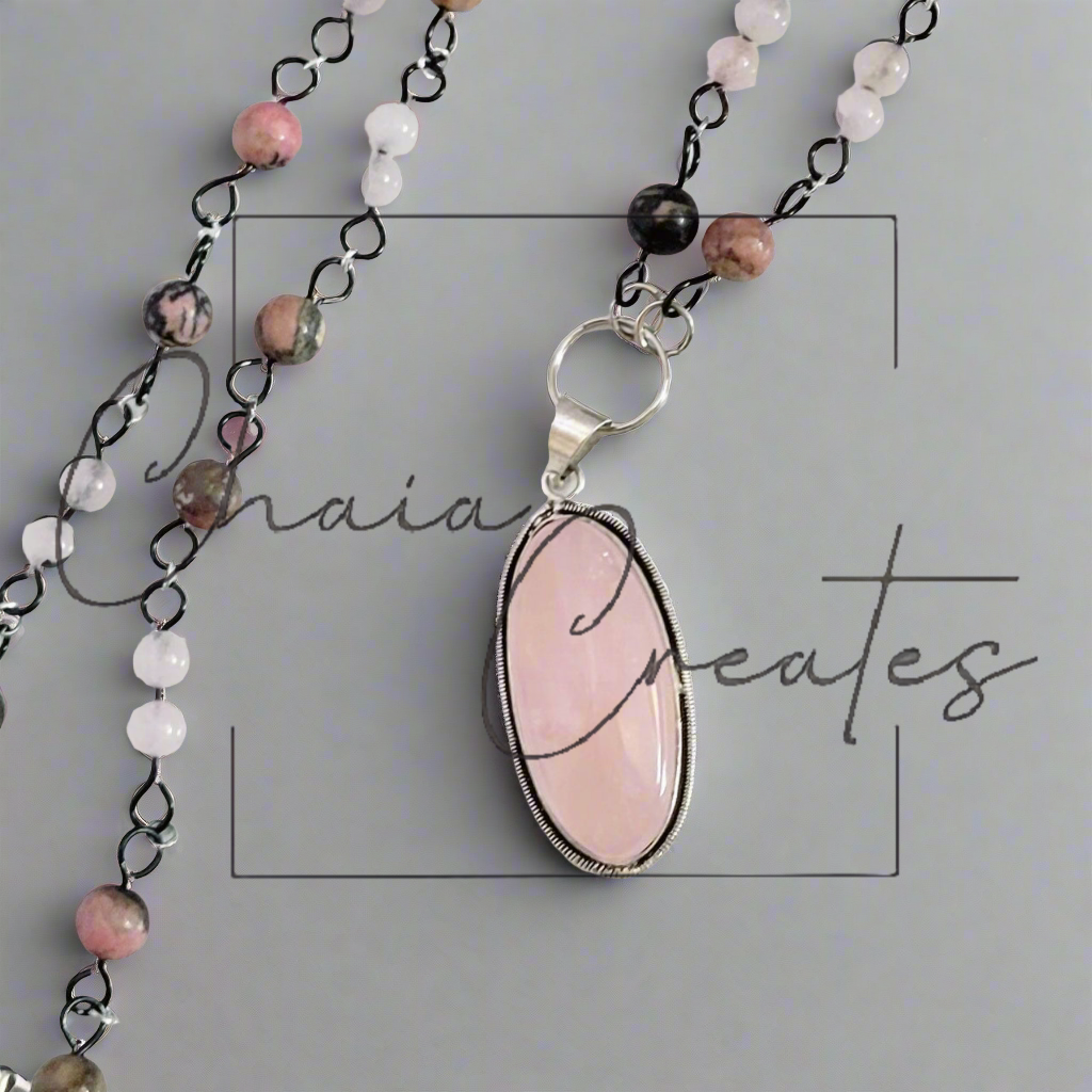 Rose Quartz Oval Sterling Silver Amulet on Rose Quartz and Rhodonite Beaded Necklace