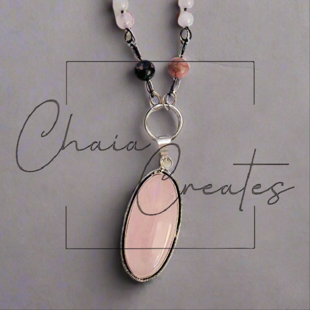 Rose Quartz Oval Sterling Silver Amulet on Rose Quartz and Rhodonite Beaded Necklace