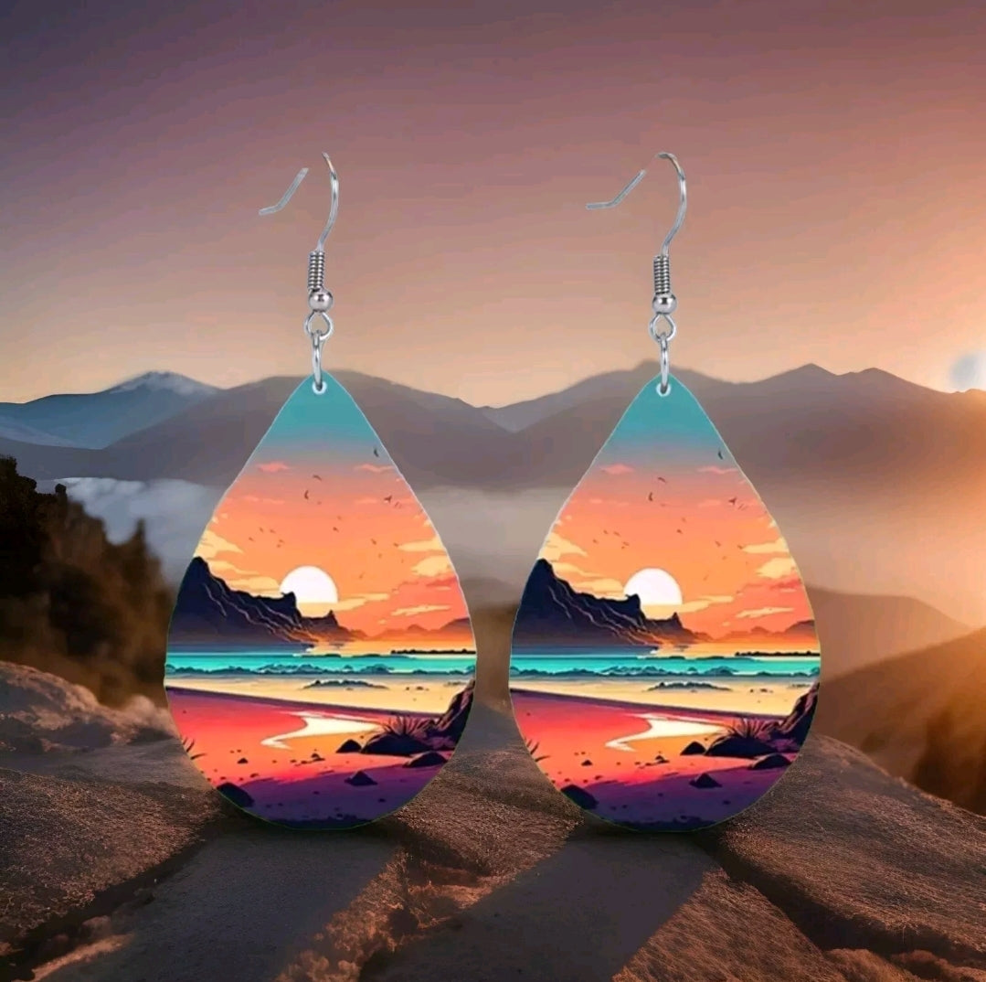 Sunset Mountains River Beach Teardrop Shape Leatherette Earrings Bohemian Boho