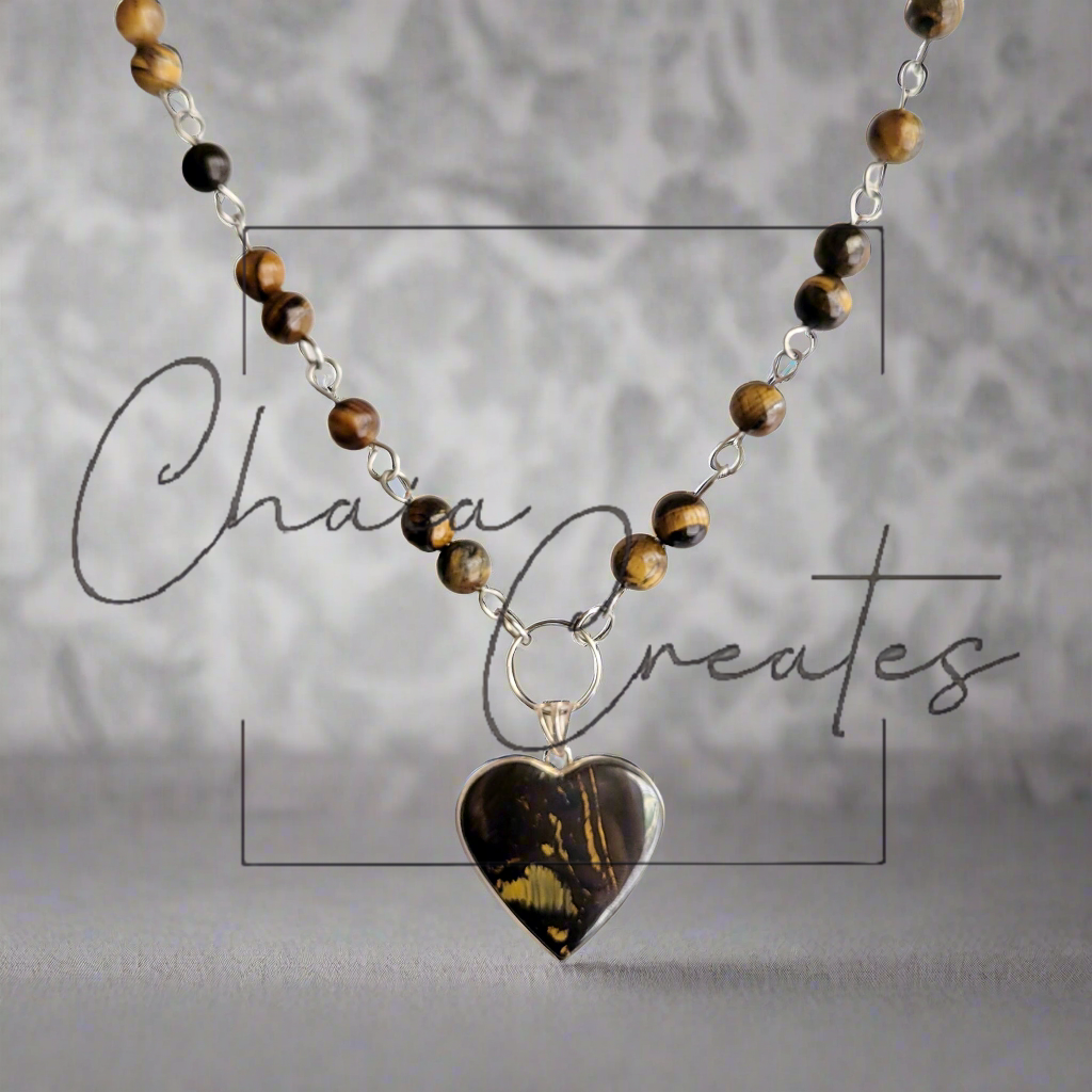 Tiger's Eye Heart .925 Sterling Silver Pendant on Tiger's Eye Beaded Necklace