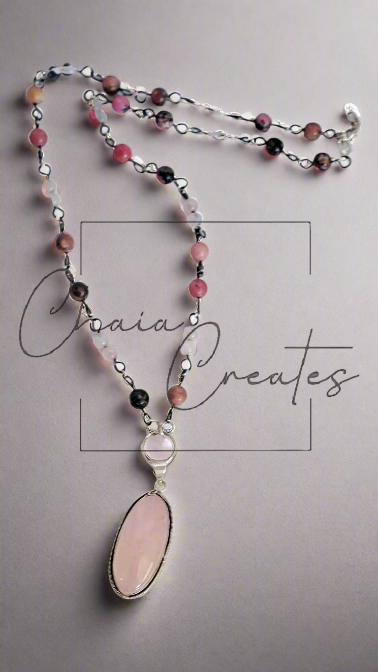 Rose Quartz Oval Sterling Silver Amulet on Rose Quartz and Rhodonite Beaded Necklace