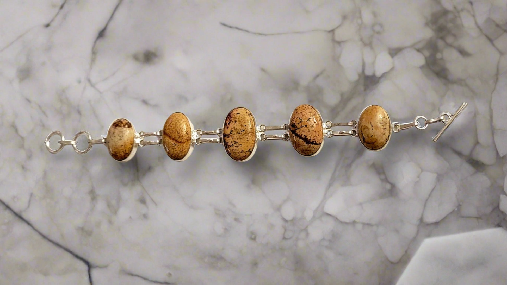 Picture Jasper Oval Links Sterling Silver Double Link Bracelet