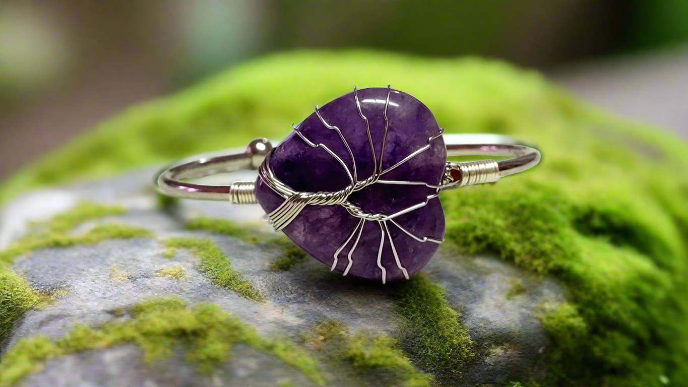 Tree of Life Wire Wrapped Amethyst Heart Bangle Bracelet