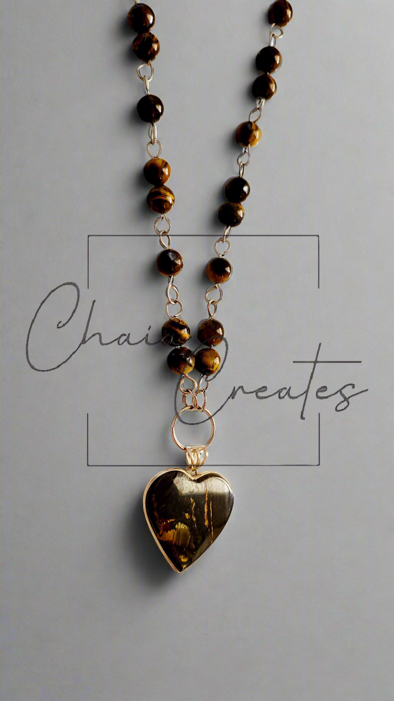 Tiger's Eye Heart .925 Sterling Silver Pendant on Tiger's Eye Beaded Necklace