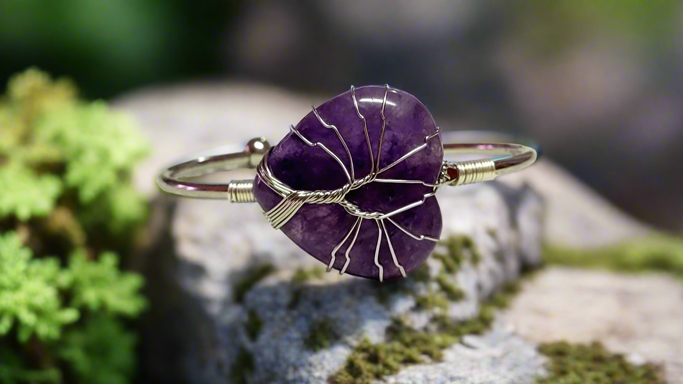 Tree of Life Wire Wrapped Amethyst Heart Bangle Bracelet