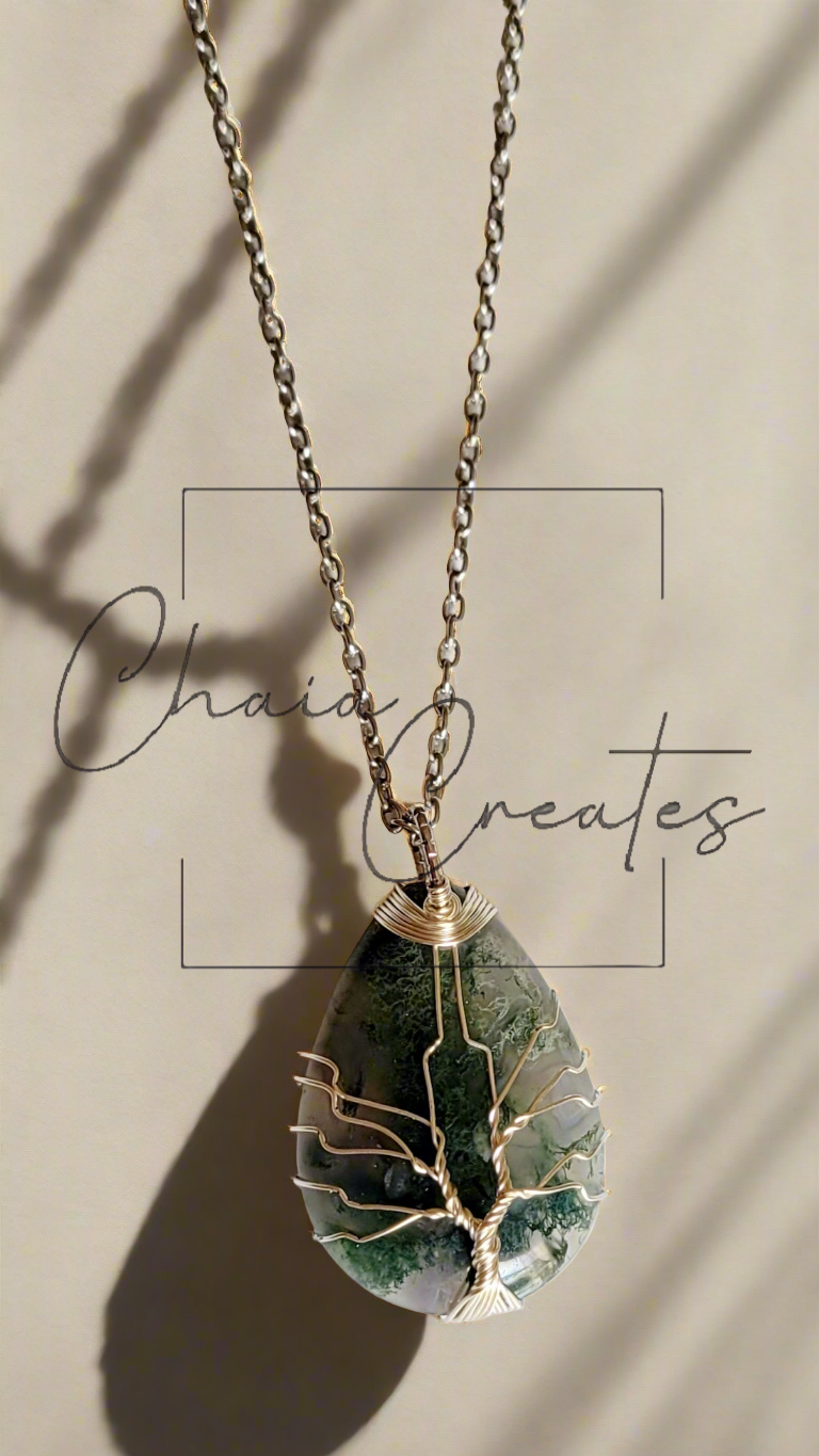 Moss Agate Teardrop Tree of Life Wire Wrap Necklace