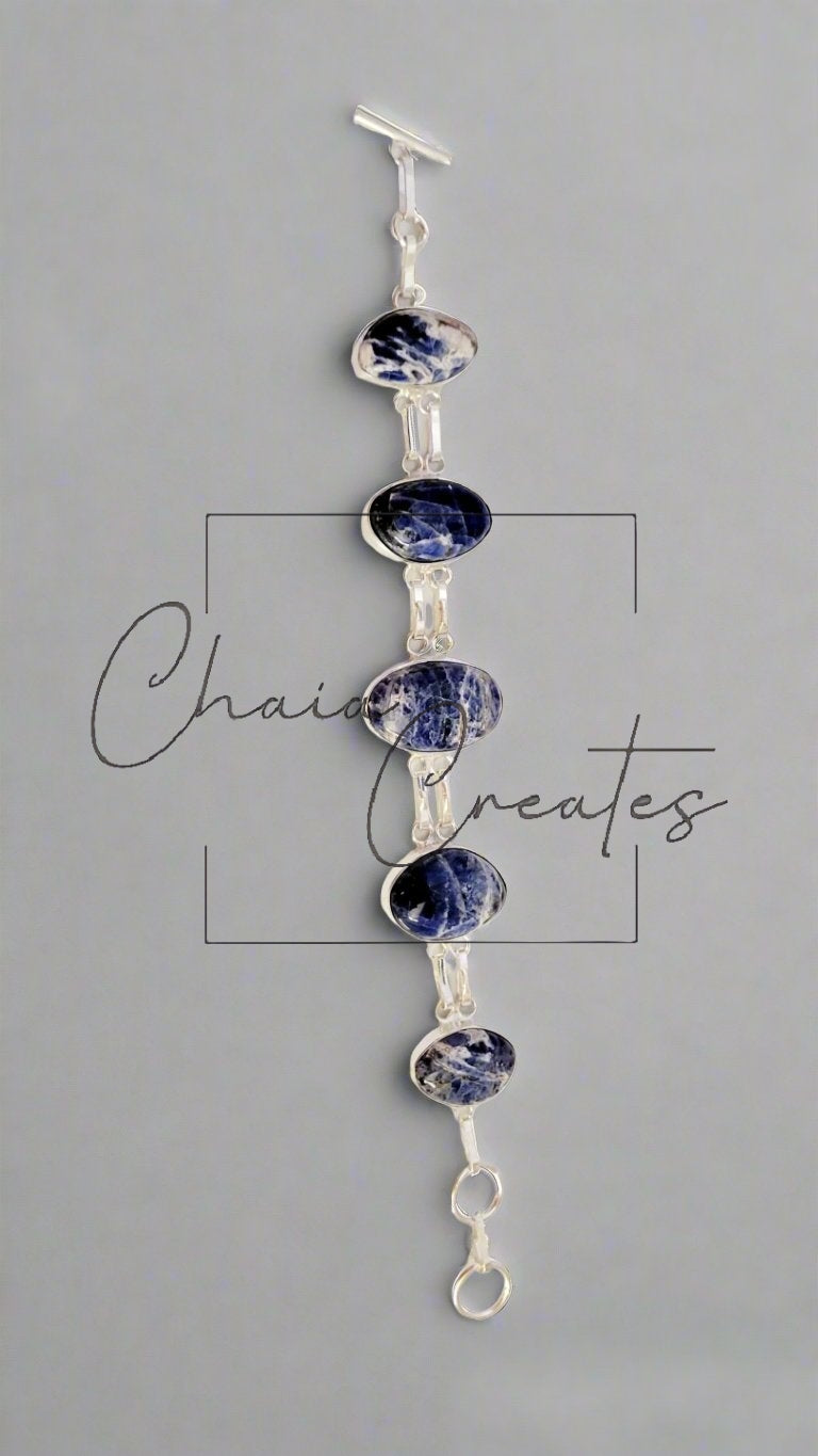 Sodalite Elegance: Handmade Sterling Silver Bracelet with Five Oval Links