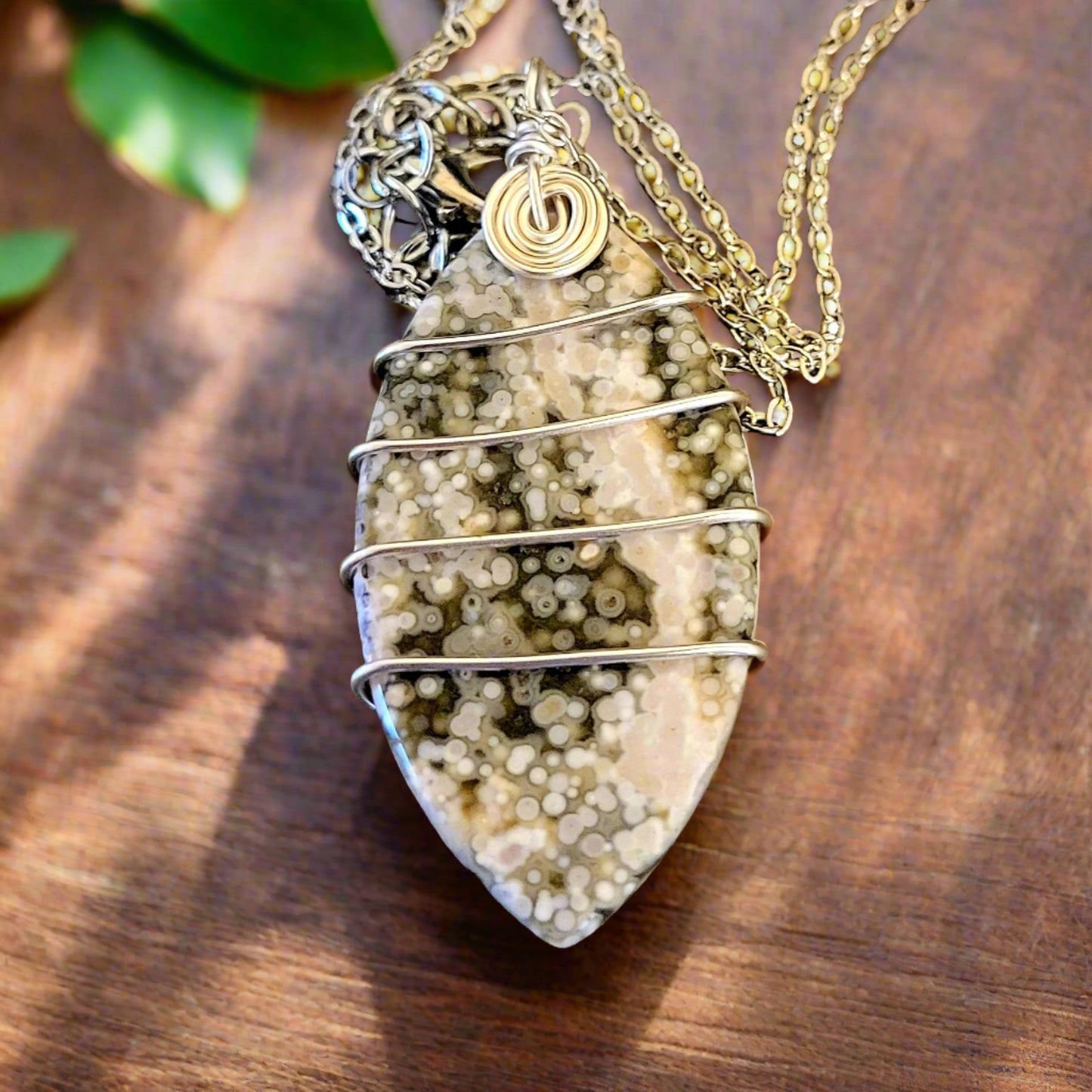 Green & White Ocean Geode Jasper Wire Wrapped Marquise Natural Stone Amulet Silver Necklace