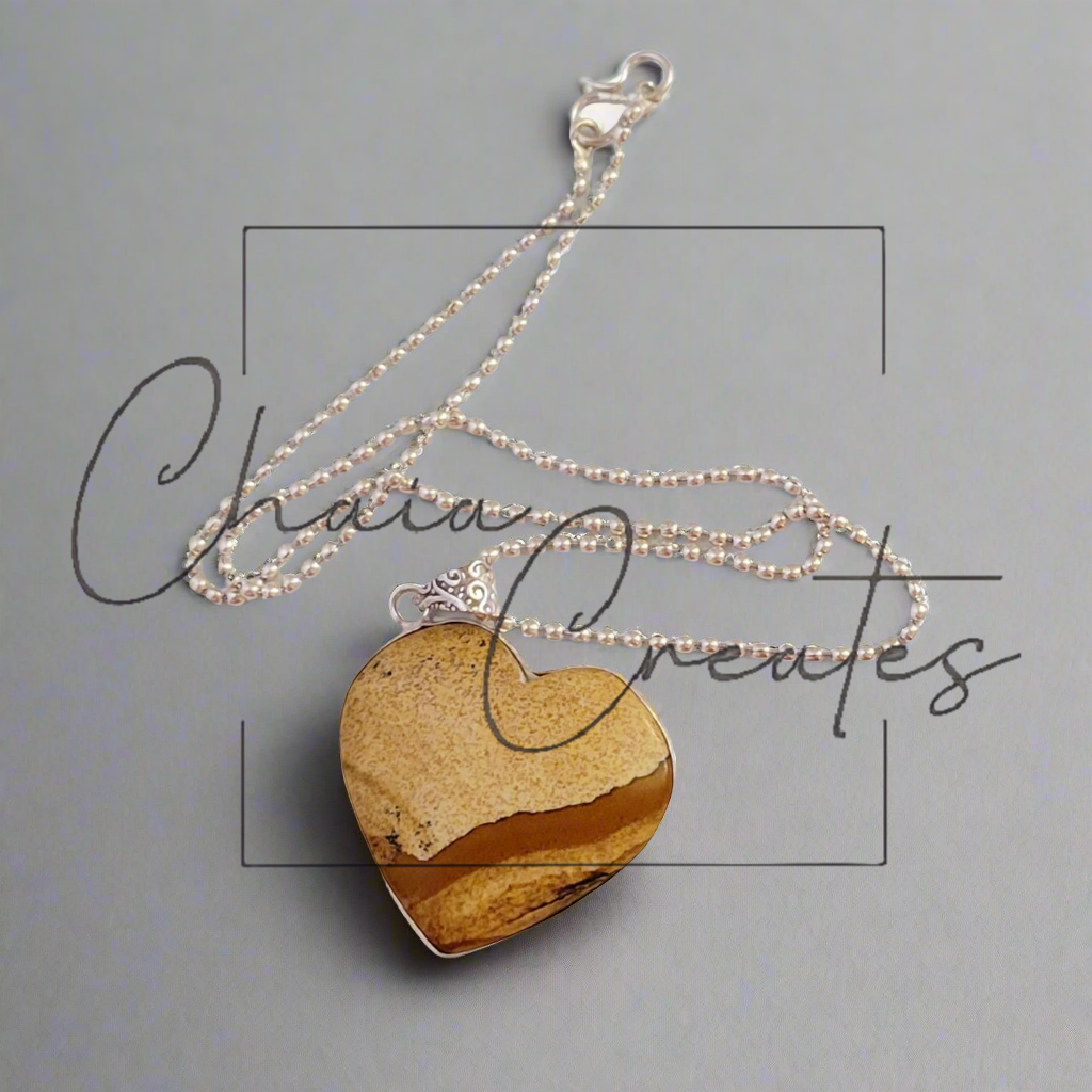 Picture Jasper Heart Sterling Silver Ball Chain Necklace