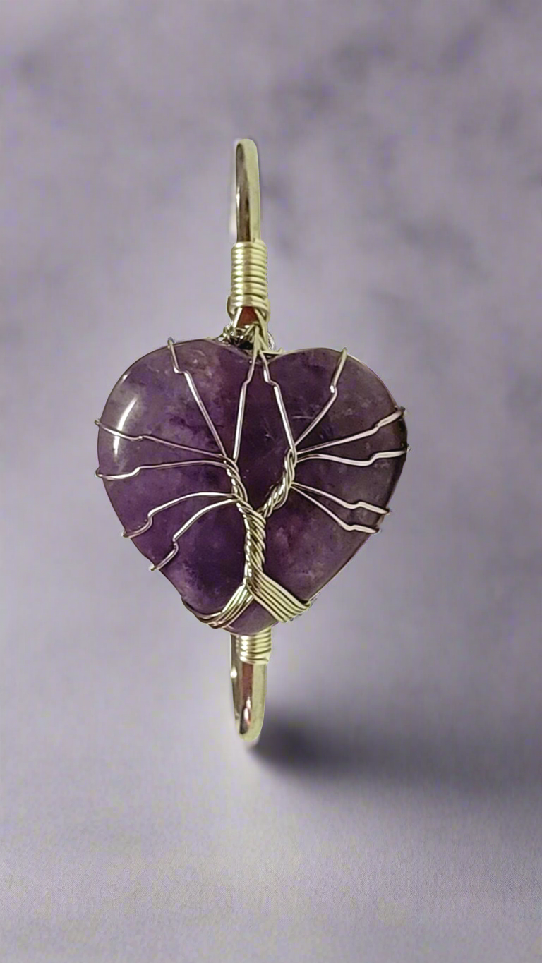 Tree of Life Wire Wrapped Amethyst Heart Bangle Bracelet