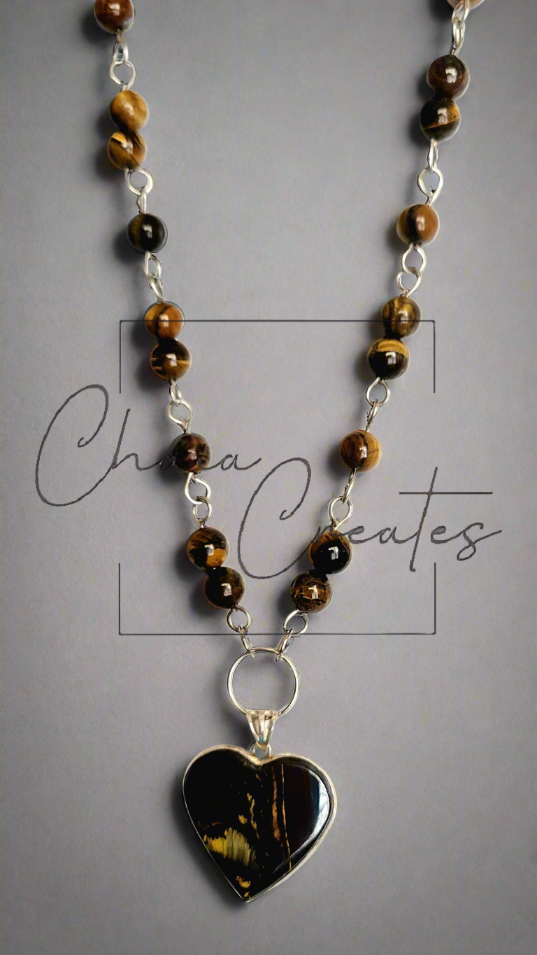 Tiger's Eye Heart .925 Sterling Silver Pendant on Tiger's Eye Beaded Necklace