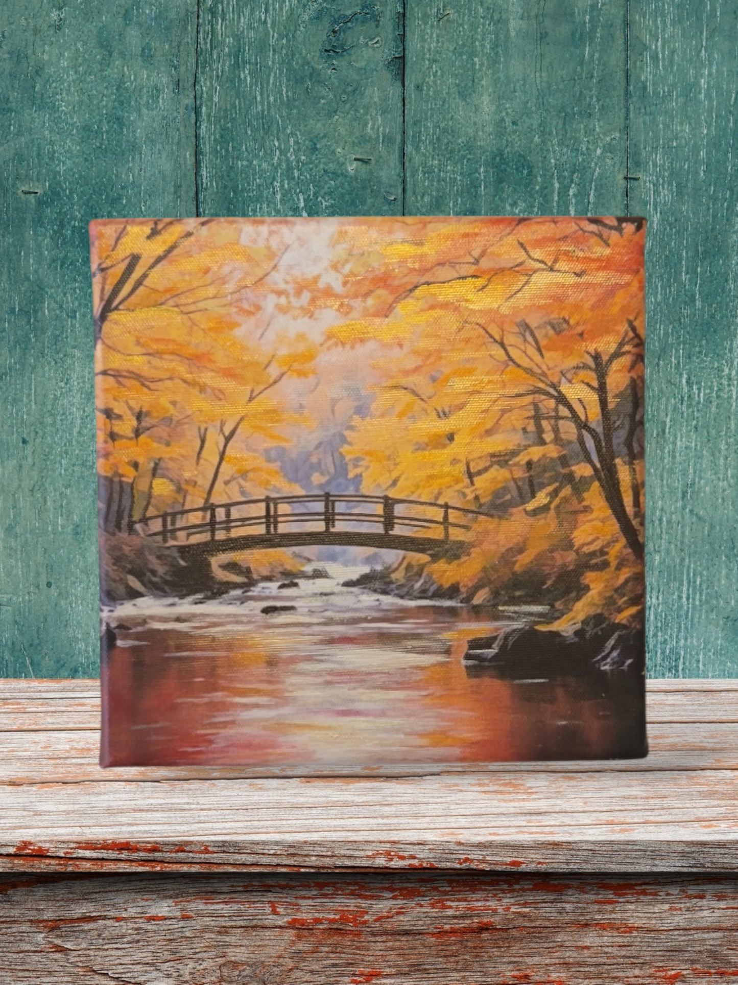 Autumn Bridge – Signed Original Artwork Embellished Print on Canvas, 8" x 8"