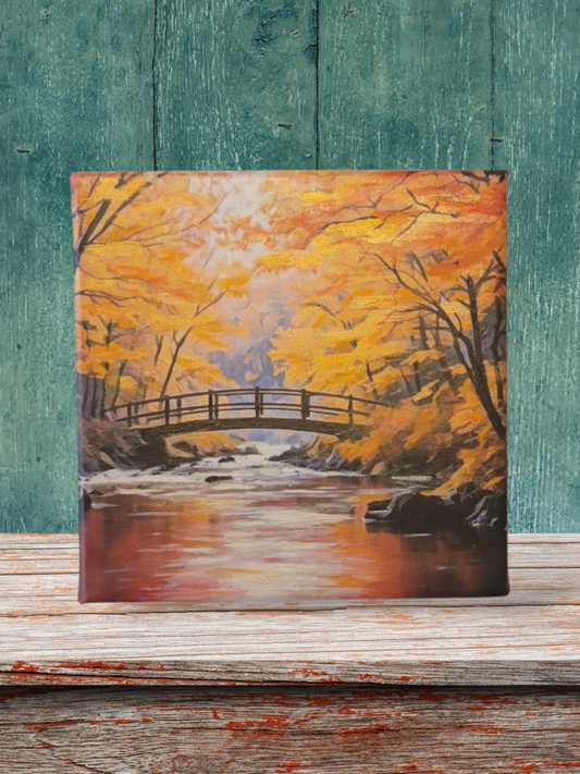 Autumn Bridge – Signed Original Artwork Embellished Print on Canvas, 8" x 8"