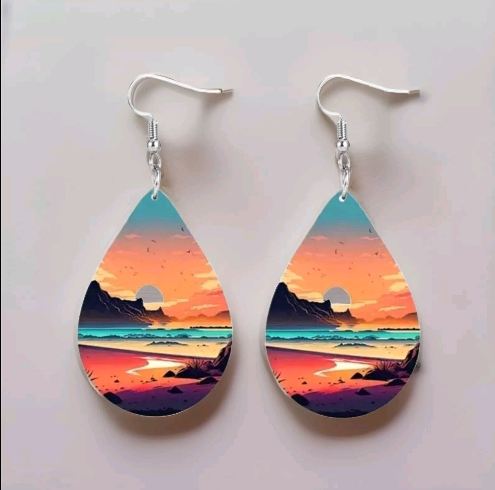 Sunset Mountains River Beach Teardrop Shape Leatherette Earrings Bohemian Boho