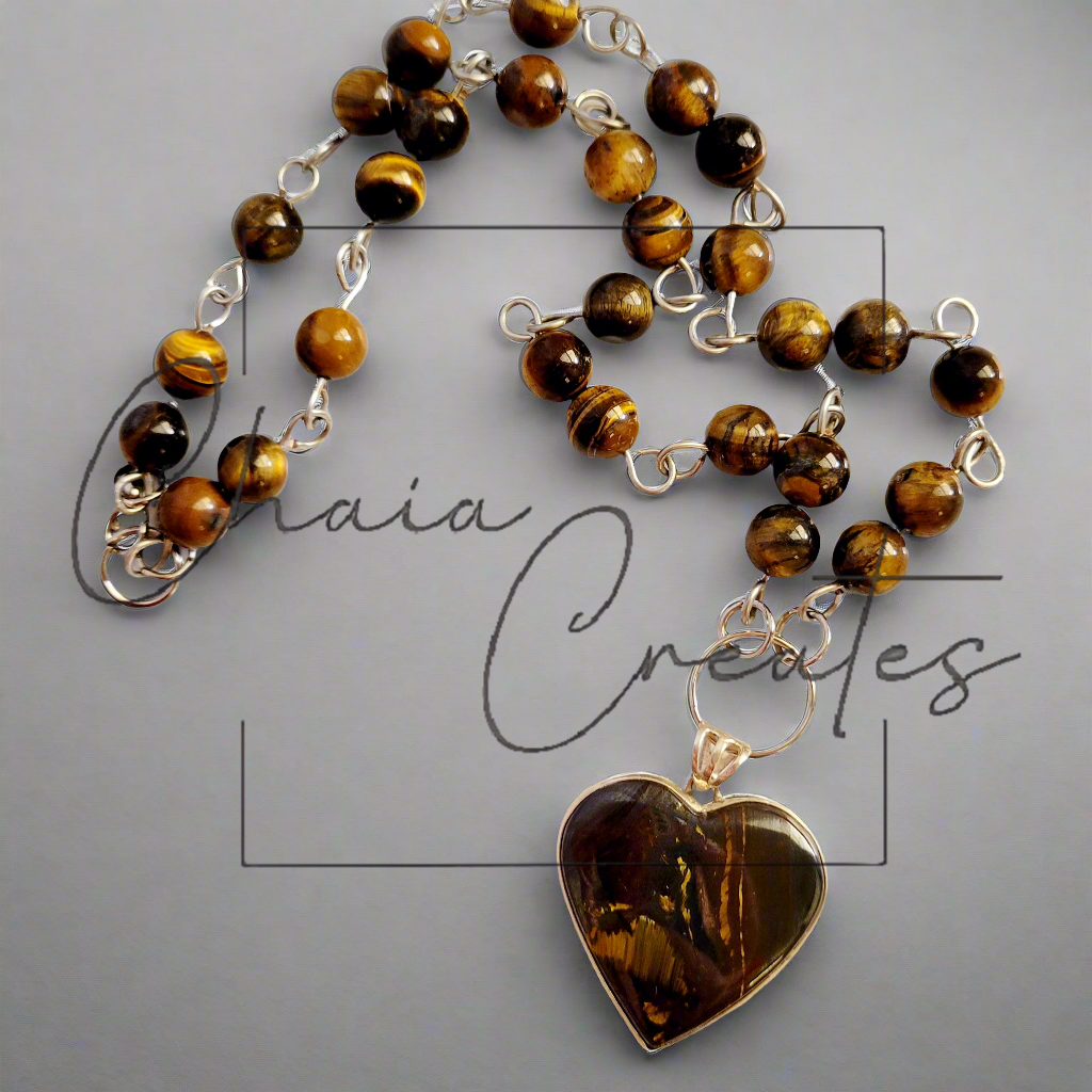 Tiger's Eye Heart .925 Sterling Silver Pendant on Tiger's Eye Beaded Necklace