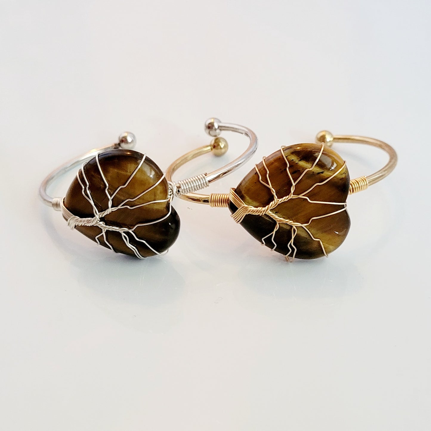 Tree of Life Wire Wrapped Tiger's Eye Heart Bangle Bracelet