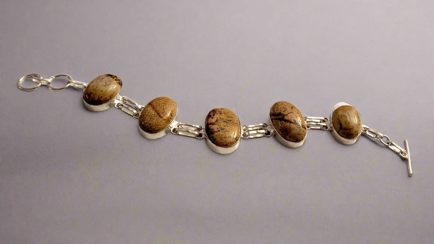 Picture Jasper Oval Links Sterling Silver Double Link Bracelet