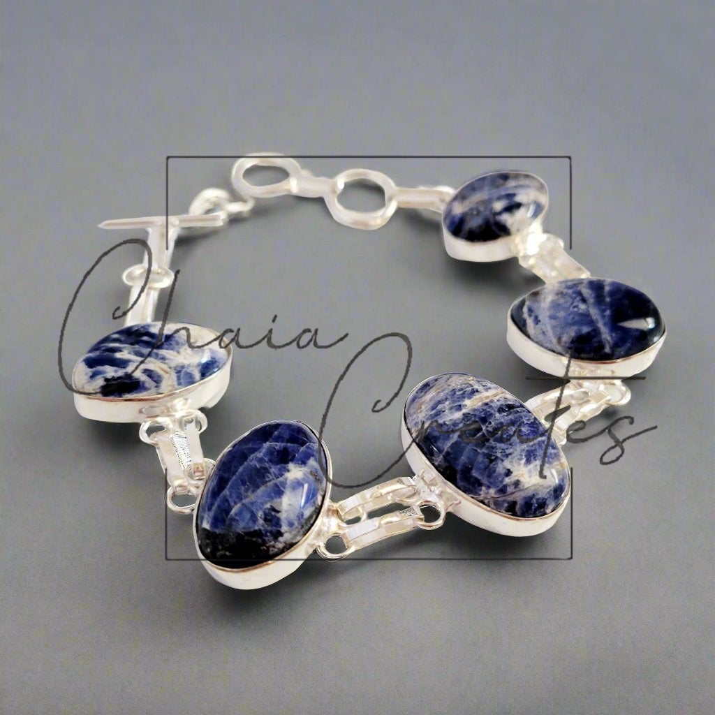 Sodalite Elegance: Handmade Sterling Silver Bracelet with Five Oval Links