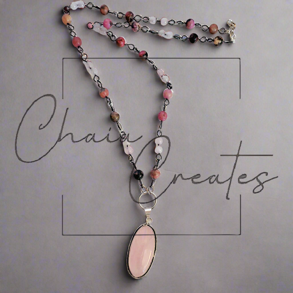 Rose Quartz Oval Sterling Silver Amulet on Rose Quartz and Rhodonite Beaded Necklace