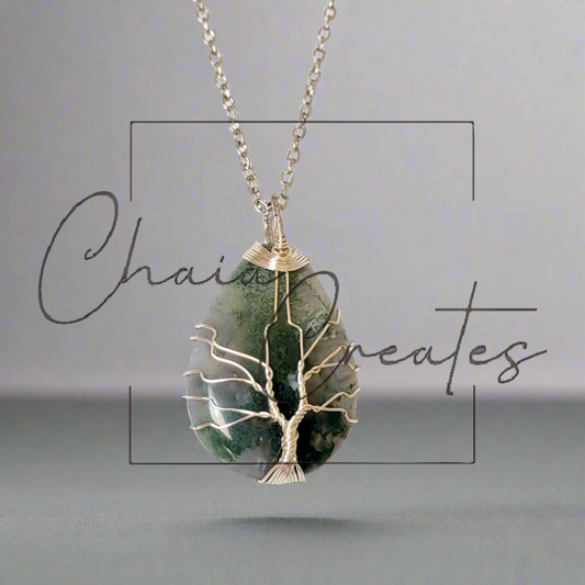 Moss Agate Teardrop Tree of Life Wire Wrap Necklace