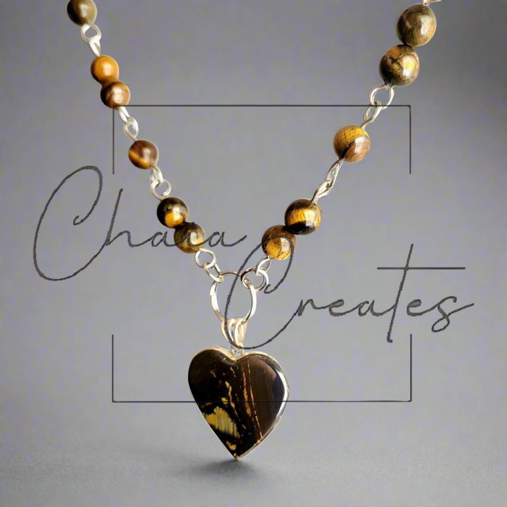 Tiger's Eye Heart .925 Sterling Silver Pendant on Tiger's Eye Beaded Necklace