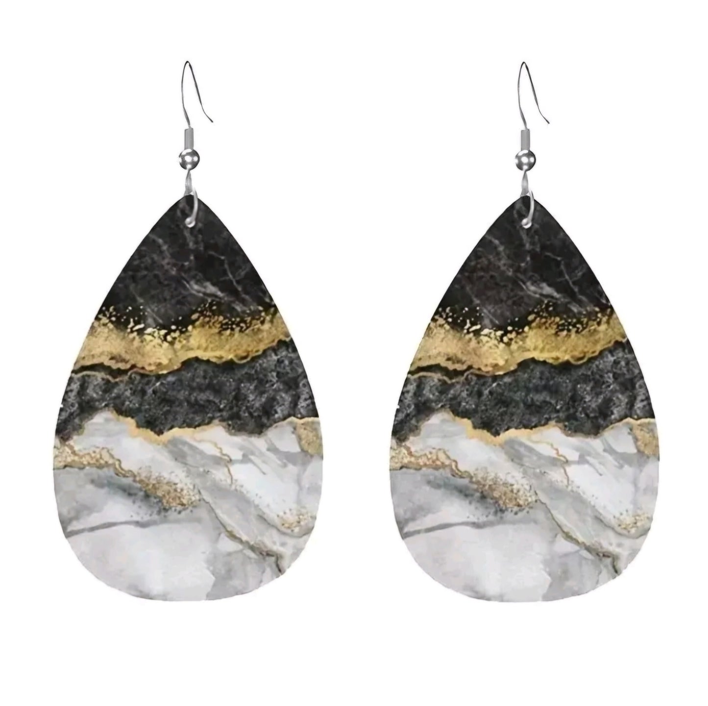 Marble Abstract Black White Gold Classy Leather Elegant Dangle Earrings