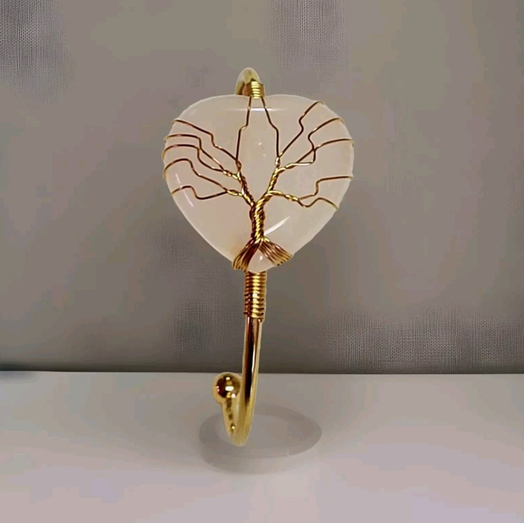 Rose Quartz Heart Tree of Life Wire Wrapped Golden Bangle Bracelet