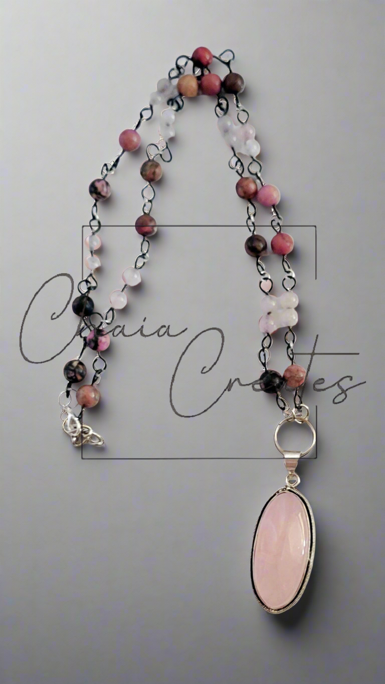 Rose Quartz Oval Sterling Silver Amulet on Rose Quartz and Rhodonite Beaded Necklace