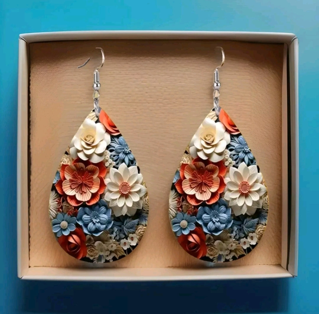 Blue Orange Pink Embossed Flower Daisy Leather Earrings Elegant Lightweight