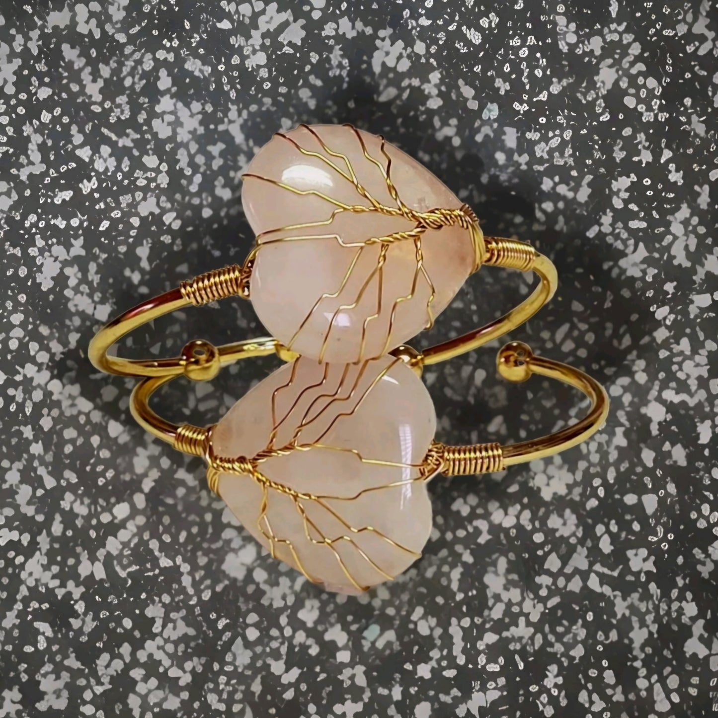 Rose Quartz Heart Tree of Life Wire Wrapped Golden Bangle Bracelet