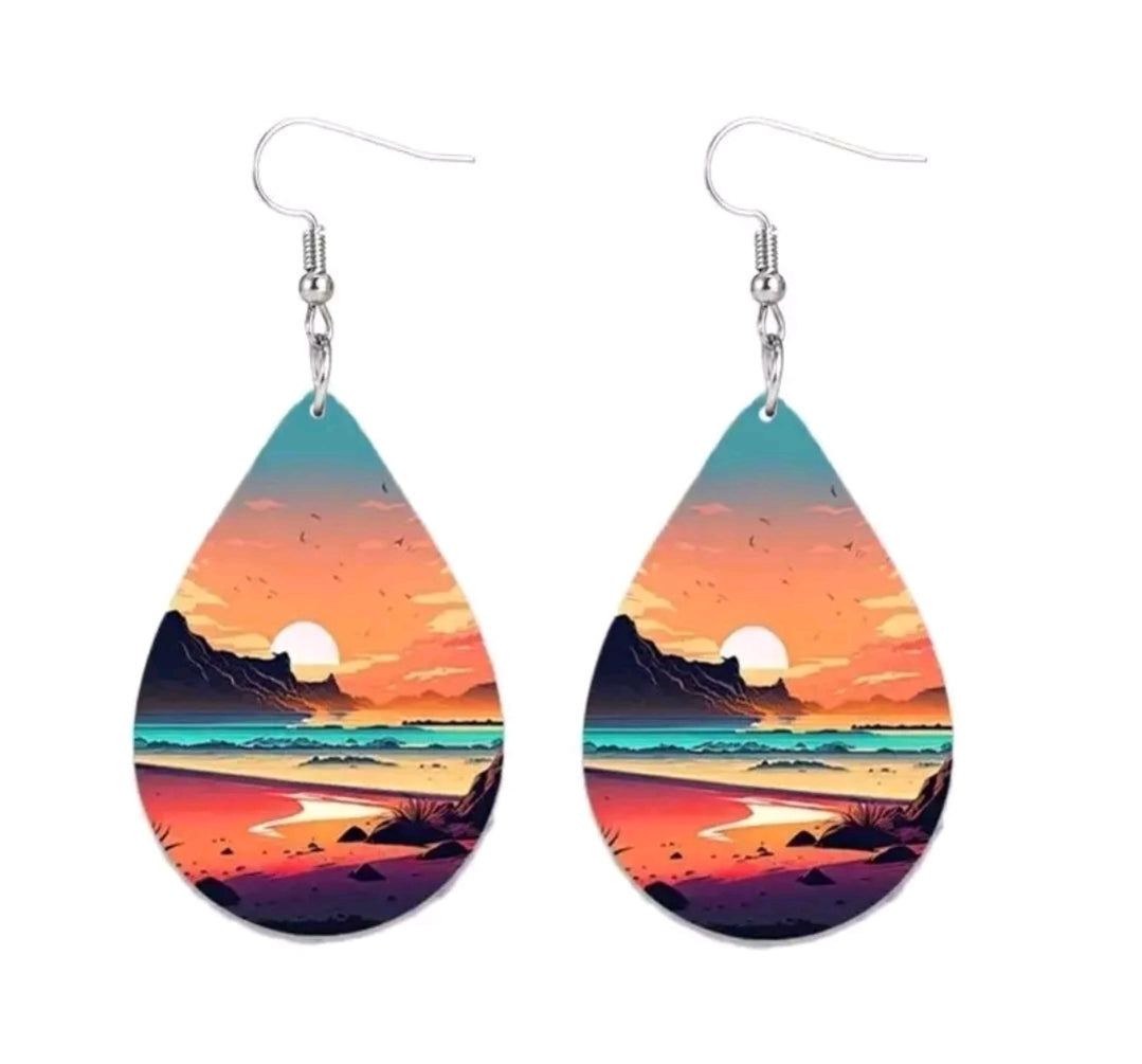 Sunset Mountains River Beach Teardrop Shape Leatherette Earrings Bohemian Boho