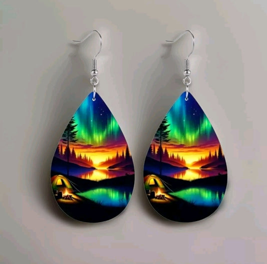 Blue Green Aurora Camping River Forest Landscape Leather Earrings Elegant Boho